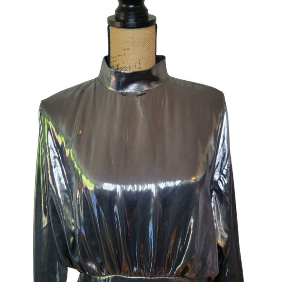 Zara Metallic Silver Long Sleeve Mock Neck Open Back Mini Dress Medium - Picture 8 of 9